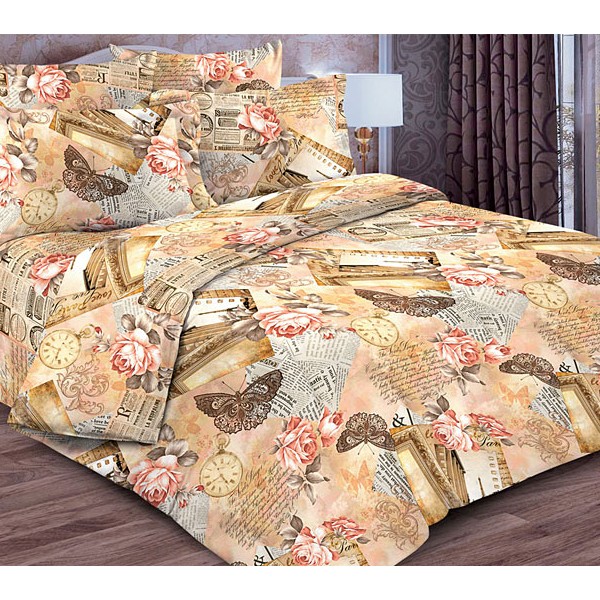 Постельное белье из желтовато-коричневатой тейковской бязи с коричневыми бабочками и цветками роз