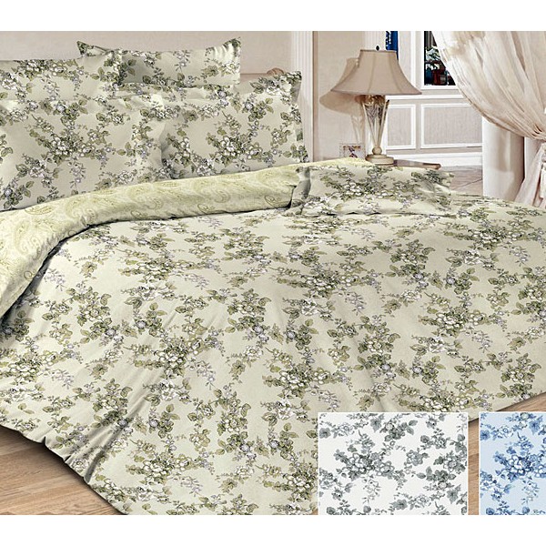 Постельное белье из бледно-зеленоватой тейковской бязи с бело-зелеными цветами и светло-зеленым компаньоном с рисунками