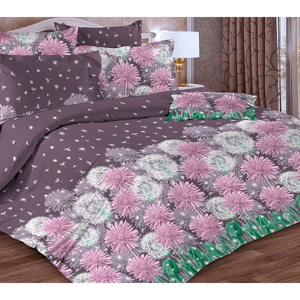 Постельное белье из серо-баклажановой тейковской бязи с одуванчиками