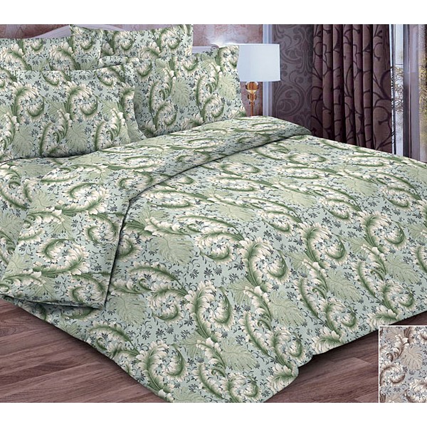 Постельное белье из светло-зеленой тейковской бязи с бело-зелеными цветами