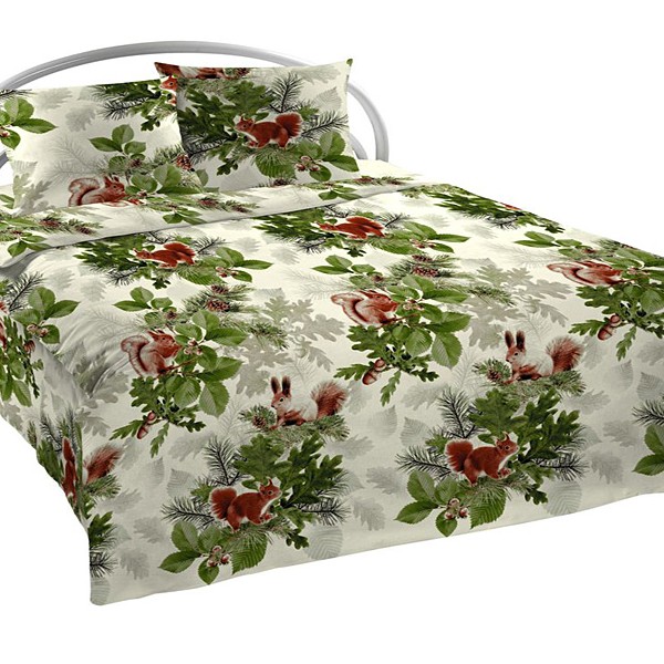 Бледно-зеленоватая шуйская бязь с белками на зеленых ветках