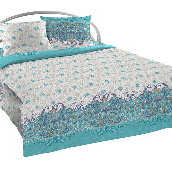 Светло-сероватая шуйская бязь с орнаментами и голубыми рисунками