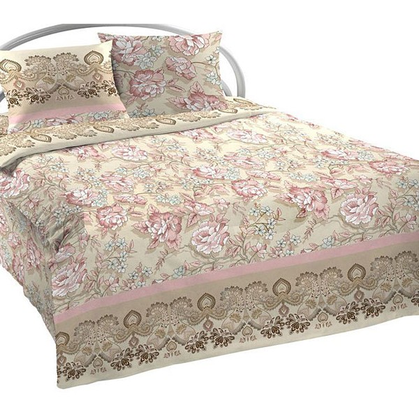 Бежевая шуйская бязь с розовыми цветами и коричневыми рисунками