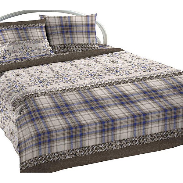 Сероватая шуйская бязь с цветами и сине-коричневыми клетками