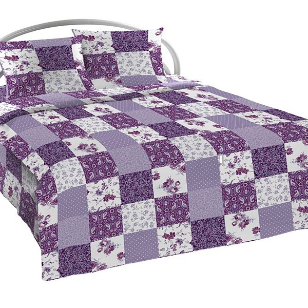 Бело-фиолетовые лоскуты на шуйской бязи с рисунками