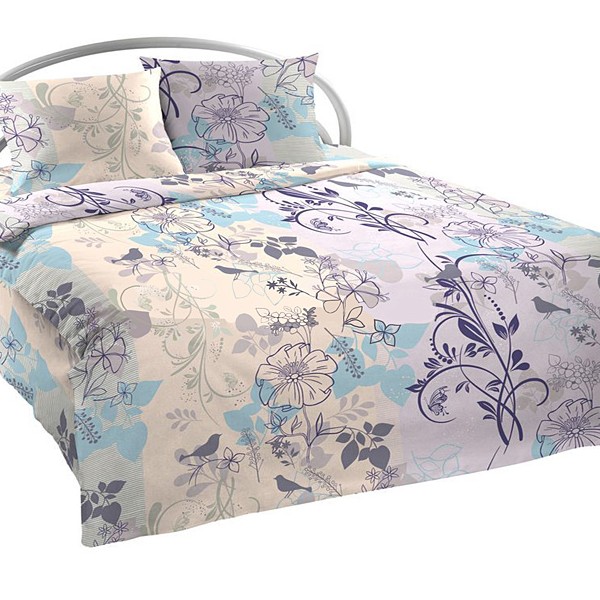 Бежево-фиолетовая шуйская бязь с синими и голубыми рисунками