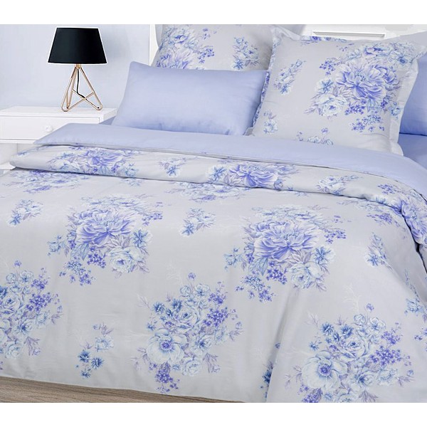 Белый сатин Герцогиня с мелкими сине-голубыми цветочками и однотонным сине-голубым компаньоном