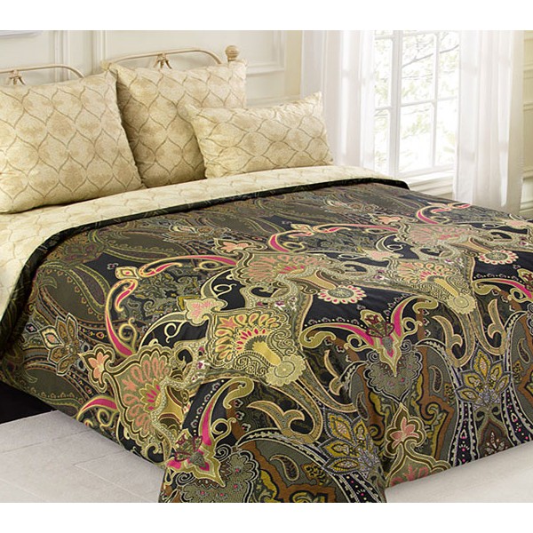 Постельное бельё из зеленовато-черной перкали Визирь со сложными рисунками и золотисто-песочным компаньоном