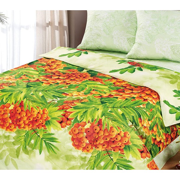 Постельное белье из ярко-оранжевой бязи эксклюзив Рябинушка со светло-зеленым компаньоном