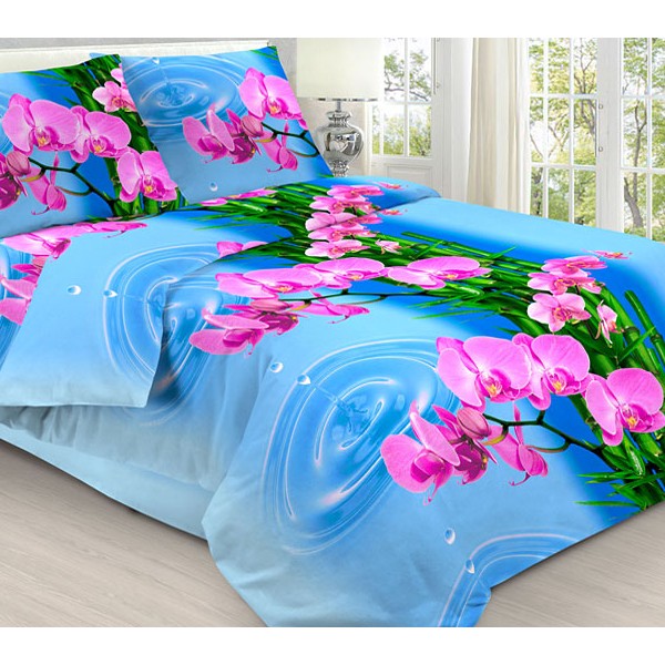 Пододеяльники из нежно-голубой бязи эксклюзив 3D с розовыми орхидеями и зеленым бамбуком
