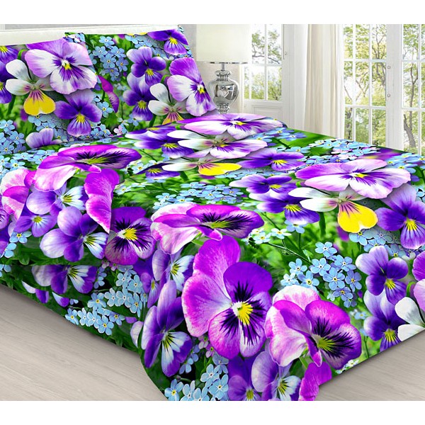 Темно-фиолетовые и голубые 3D цветы на бязи эксклюзив