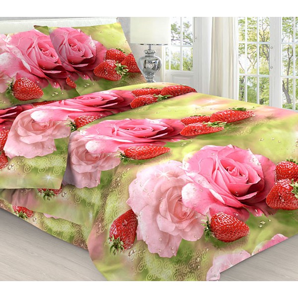 Бледновато-зеленоватая бязь эксклюзив с 3D бутонами роз и ягодами клубники