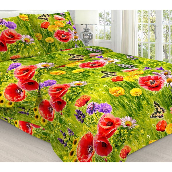 Светло-зеленая 3D бязь эксклюзив красными маками