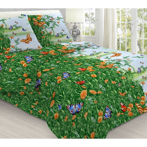 Пододеяльники из бело-зеленой бязи эксклюзив с мелкими 3D оранжевыми цветочками и бабочками
