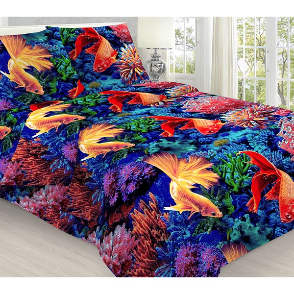 Темно-синяя бязь эксклюзив с 3D рисунками морского дна и красно-желтыми рыбами