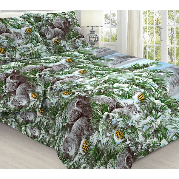 Простыни из бязи эксклюзив с 3D рисунками елей в снегу с серыми белками