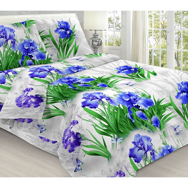 Белая бязь эксклюзив с 3D синими и фиолетовыми цветами