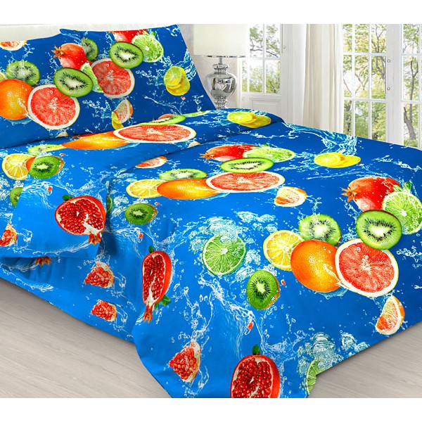 Ярко-синяя бязь эксклюзив с 3D рисунками фруктов