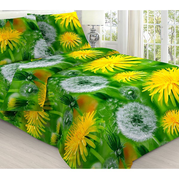 Травянисто-зеленая бязь эксклюзив с 3D рисунками желтых и белых одуванчиков