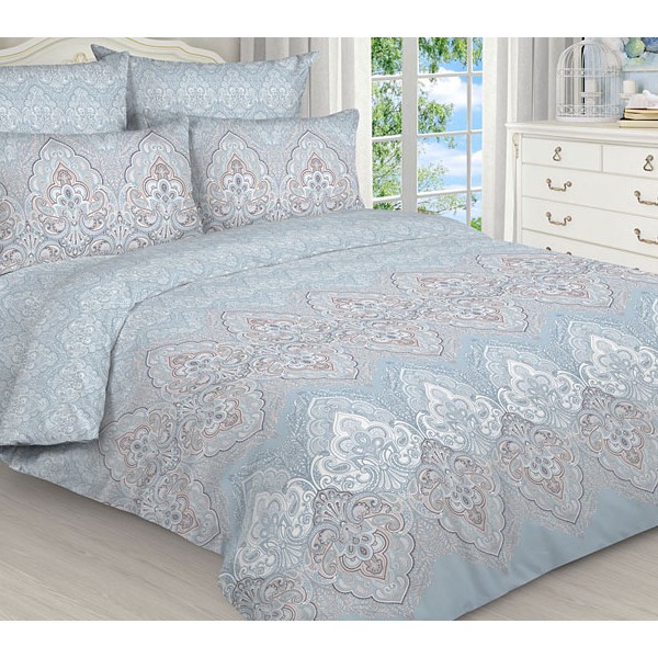 Бледно-синяя бязь эксклюзив с бело-коричневыми орнаментами и компаньоном