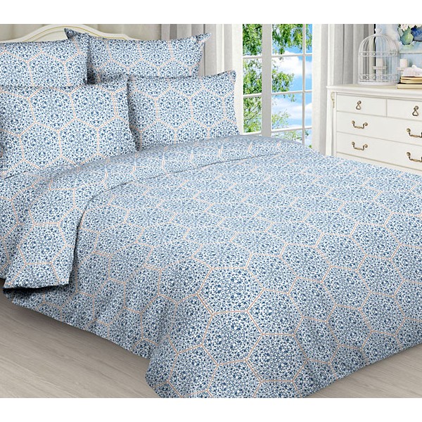 Простыни из белой бязи эксклюзив с синим и светло-коричневыми орнаментами