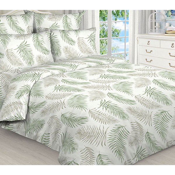 Бледно-зеленая бязь эксклюзив с зелеными и коричневыми листьями