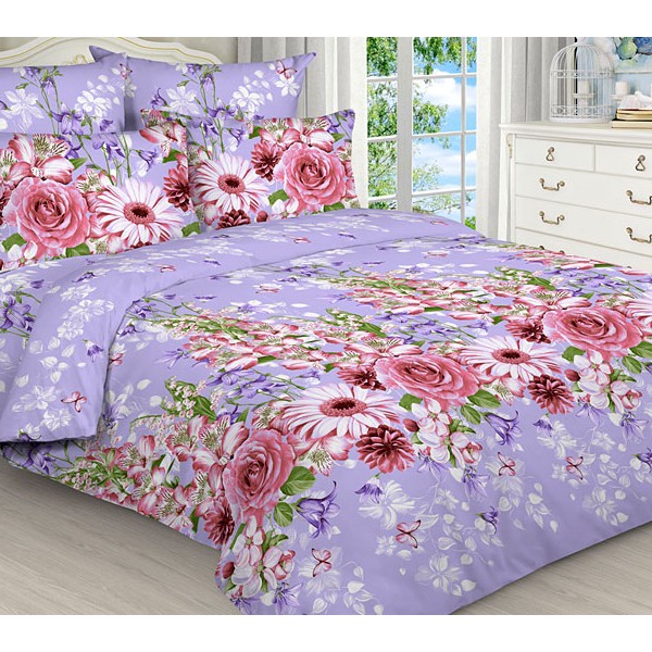 Светло-фиолетовая бязь эксклюзив с красно-белыми цветами