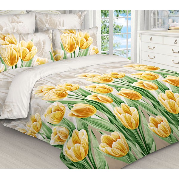 Светло-бежевая бязь эксклюзив с желтыми тюльпанами