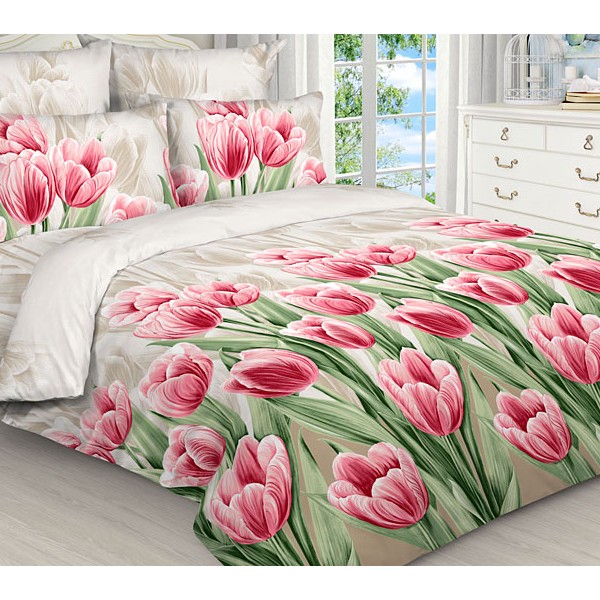 Светло-бежевая бязь эксклюзив с красными тюльпанами