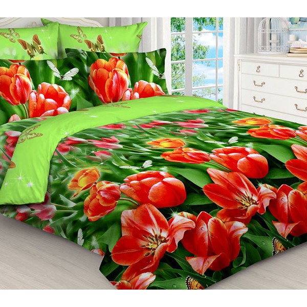 Простыни из светло-зеленого компаньона темно-зеленой бязи эксклюзив с красными тюльпанами