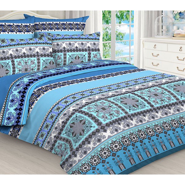 Пододеяльники из голубой бязи эксклюзив со сложными многоцветными орнаментами и синим компаньоном