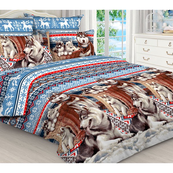 Простыни из бязи эксклюзив с собаками хаски и бело-синими орнаментами