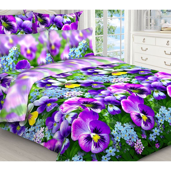 Простыни из зеленой бязи эксклюзив с большими фиолетовыми цветами и компаньоном