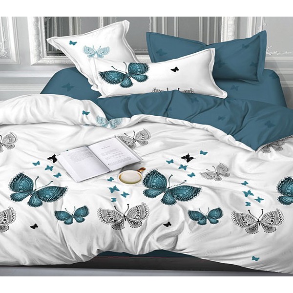 Белый сатин с зелеными и серыми бабочками и сине-зеленым компаньоном