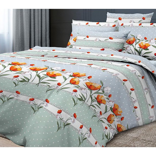 Бледная сине-зеленоватая бязь Тейково с оранжевыми цветами