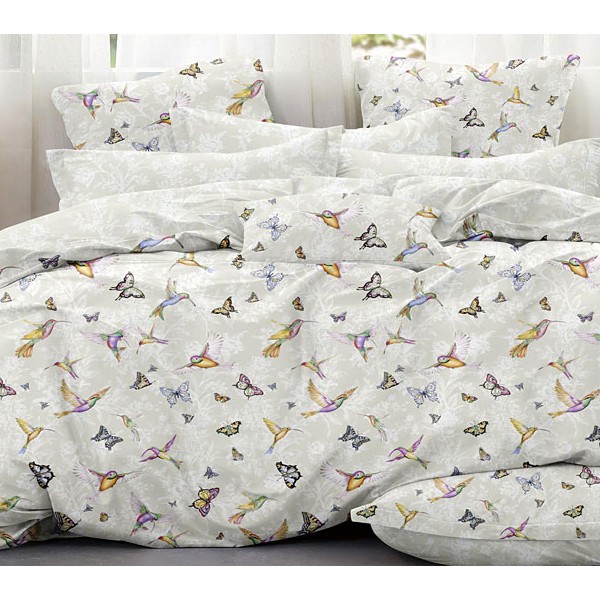 Светло-сероватый твил-сатин с разноцветными птицами и компаньоном с белым узором