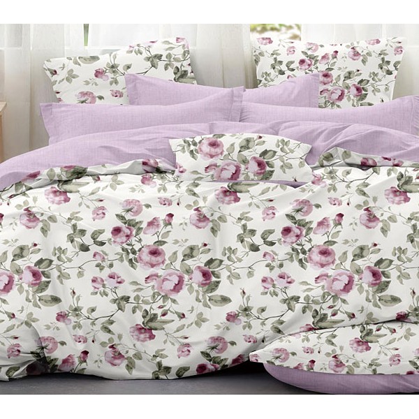 Белый твил-сатин с цветами и однотонным бледно-пурпурным компаньоном