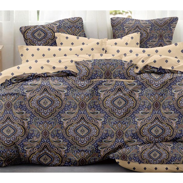 Простыни из бледно-песочного компаньона темно-синего твил-сатина со сложным орнаментом