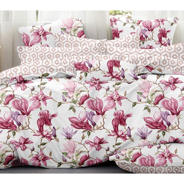 Белый твил-сатин с красно-розовыми цветами и компаньоном с орнаментом