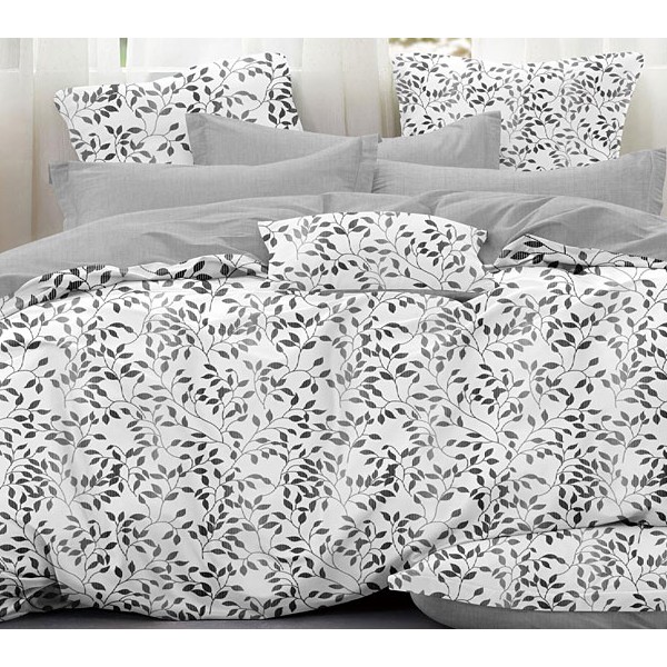 Белый твил-сатин с серыми листьями и однотонно-серым компаньоном