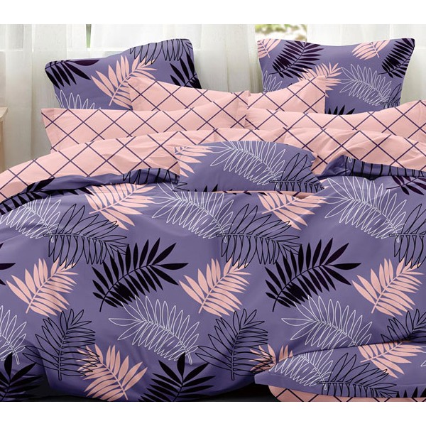 Фиолетовый твил-сатин с разноцветынми листьями и бледно-красным компаньоном