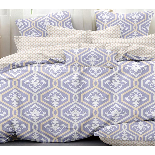 Бледно-синий твил-сатин с орнаментами и белым компаньоном в бледно-желтую клетку