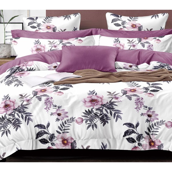 Белый твил-сатин с пурпурными цветами и однотонно-пурпурным компаньоном