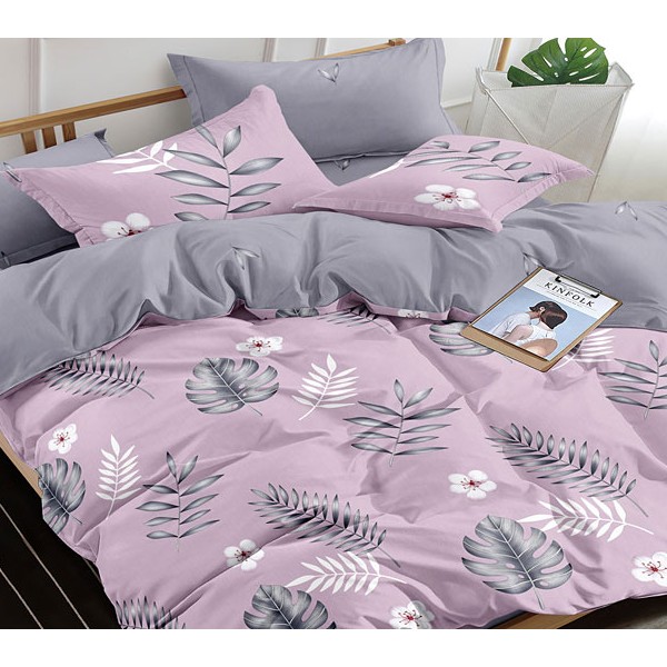 Светло-пурпурный твил-сатин с белыми цветочками и однотонно-серым компаньоном