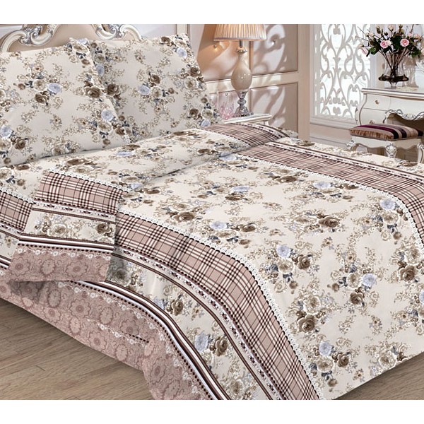 Песчано-бежевая бязь Тейково Анжелика с цветами и светло-коричневыми орнаментами