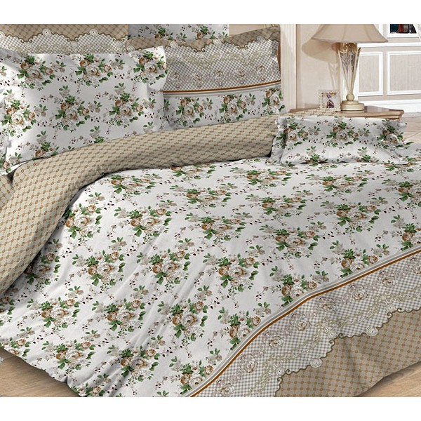 Светло-серая бязь Тейково с цветами и песчано-серым компаньоном