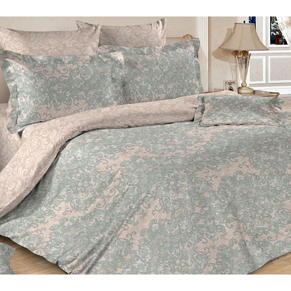 Светло-коричневая бязь Тейково Льняная палитра с бледно-зелеными рисункми и компаньоном с белыми узорами