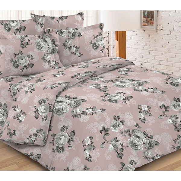 Светло-коричневая бязь Тейково Пион-Бернар с белыми цветами