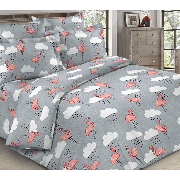 Серая бязь Тейково с бледно-красными фламинго