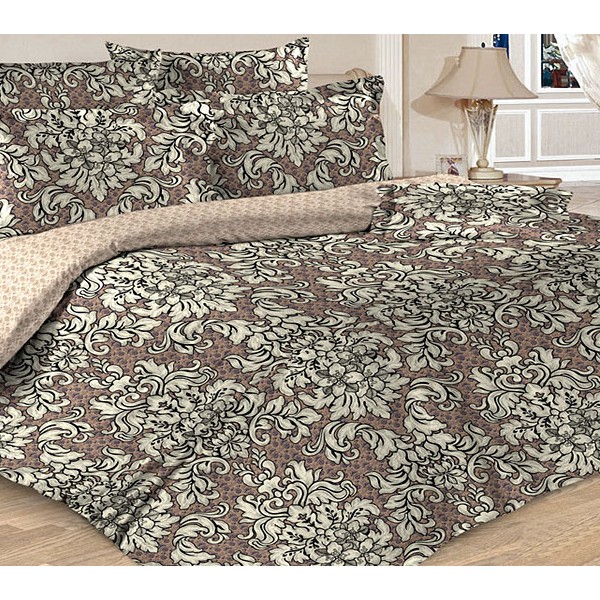 Коричневая бязь Тейково Барокко с золотистыми рисунками и светло-коричневым компаньоном